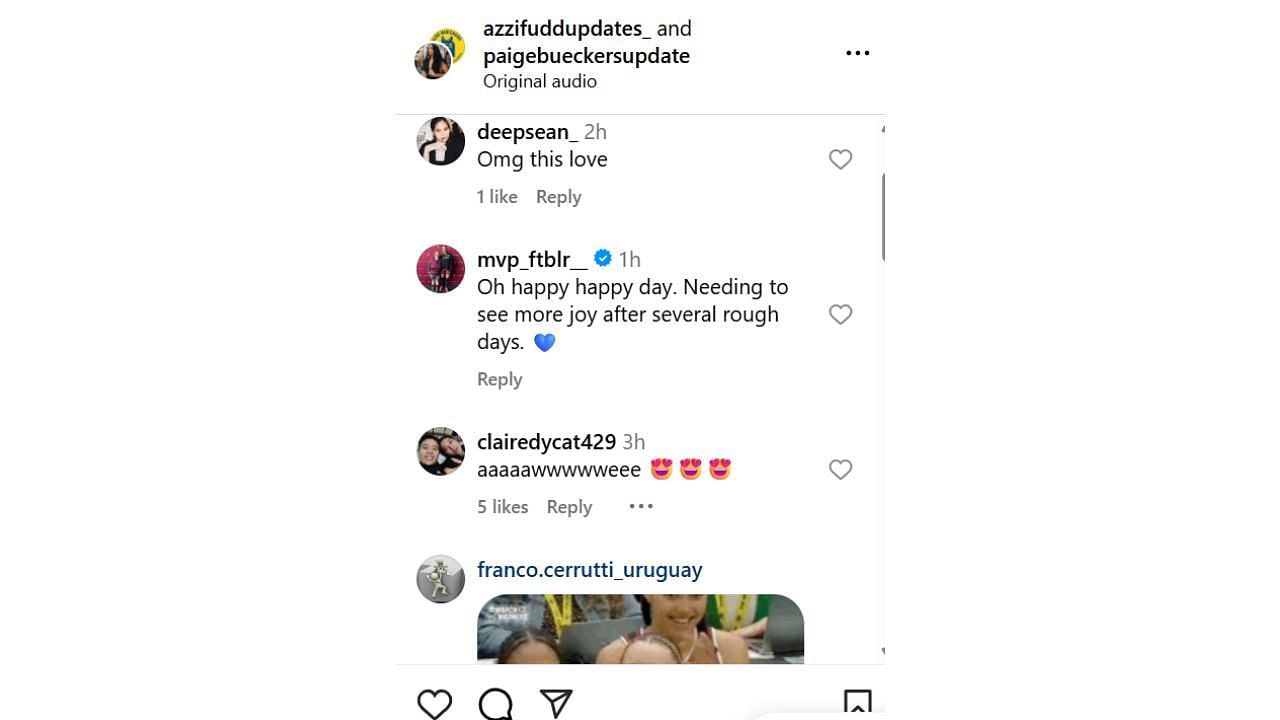 Fan reactions to the Bueckers-Page hug on Wednesday. [photo: @azzifuddupdates_